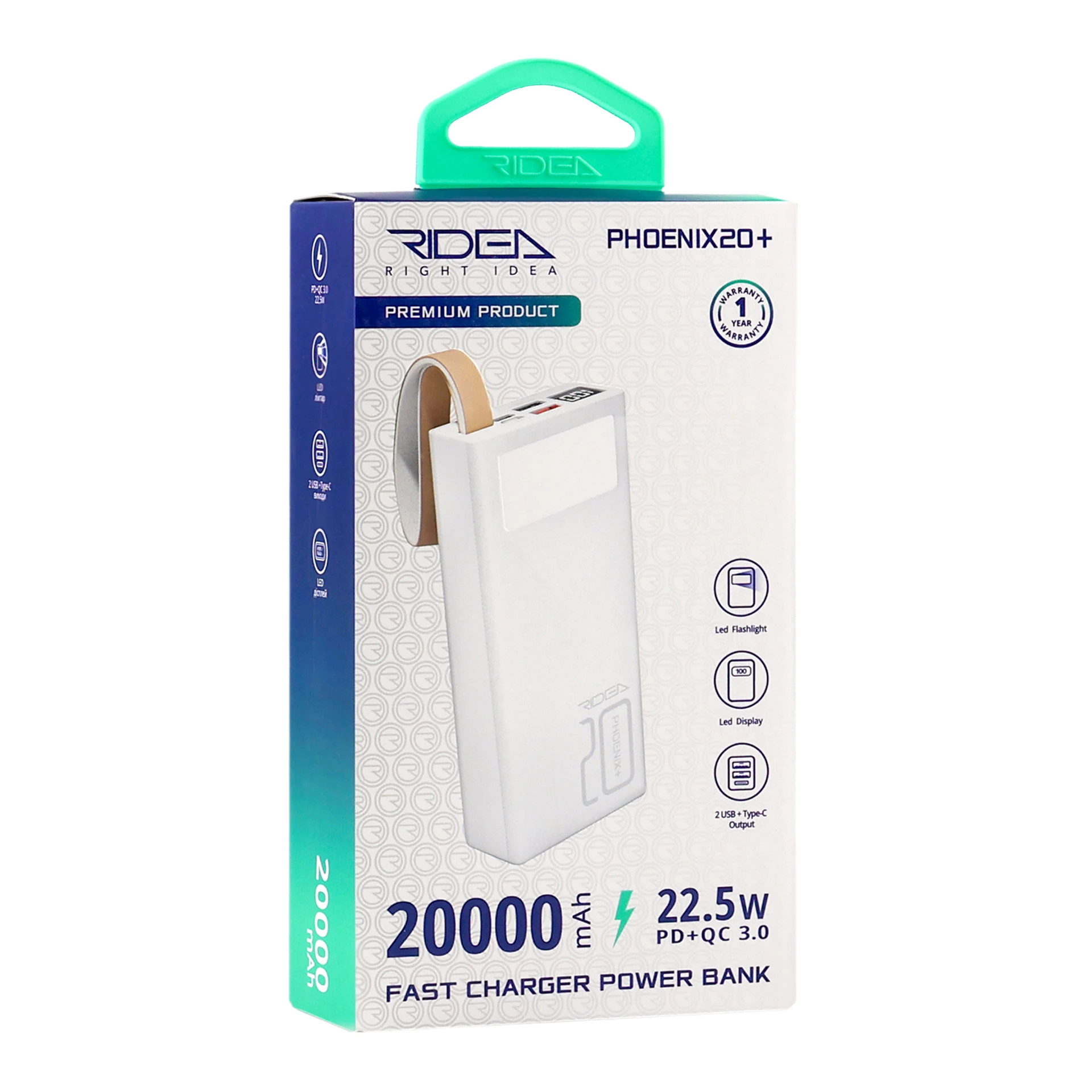 Power Bank Ridea RP-D20L+ Phoenix20+ PD/QC 3.0 20W digital display + lamp 20000 mAh